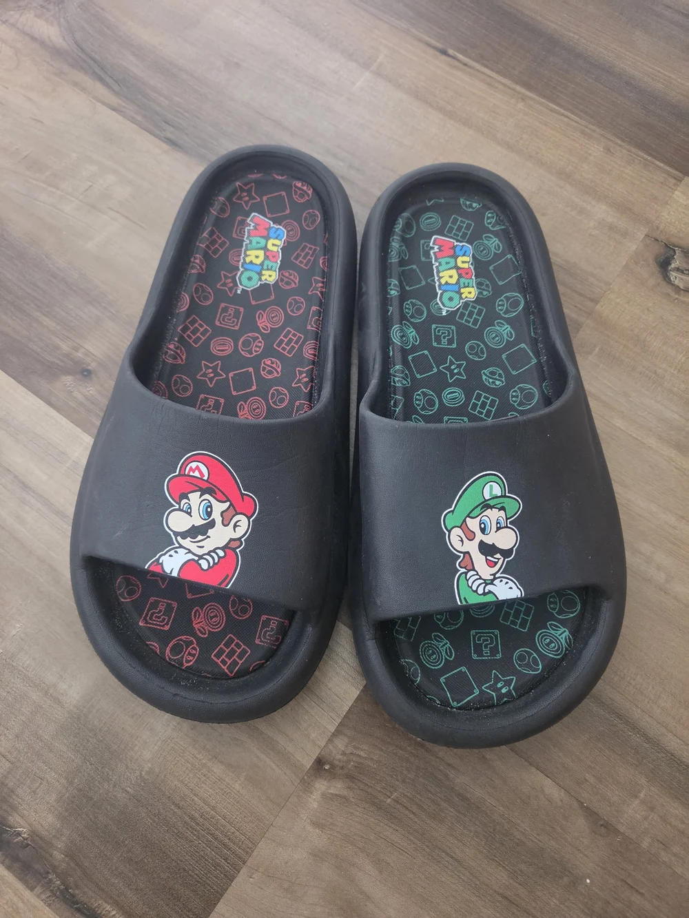 Nintendo Black Slide Sandals with Mario Red and Luigi Green Accents